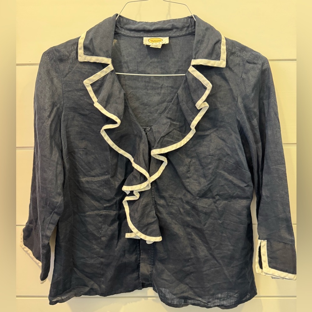 Talbots Navy Blue Linen Blouse with White Trim